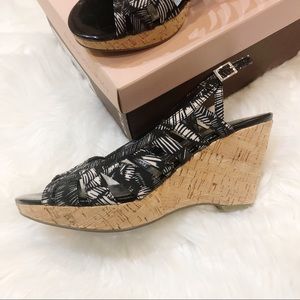 Bandolino Niven Black & White Cork Wedge Sandals